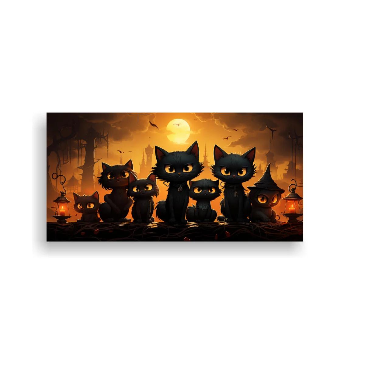 Cuadro grupo de gatos negros con luna llena y gatito brujo
