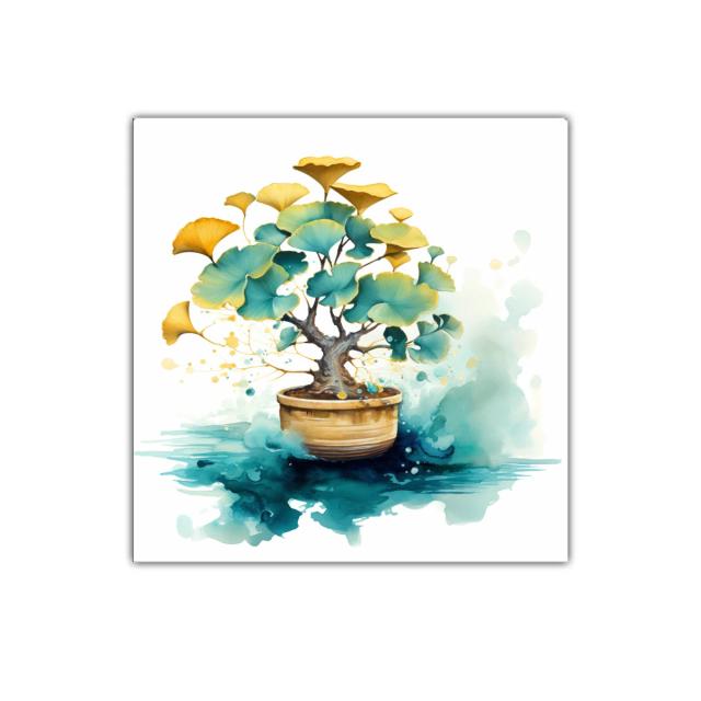 Cuadro artístico de bonsái con hojas doradas y verdes