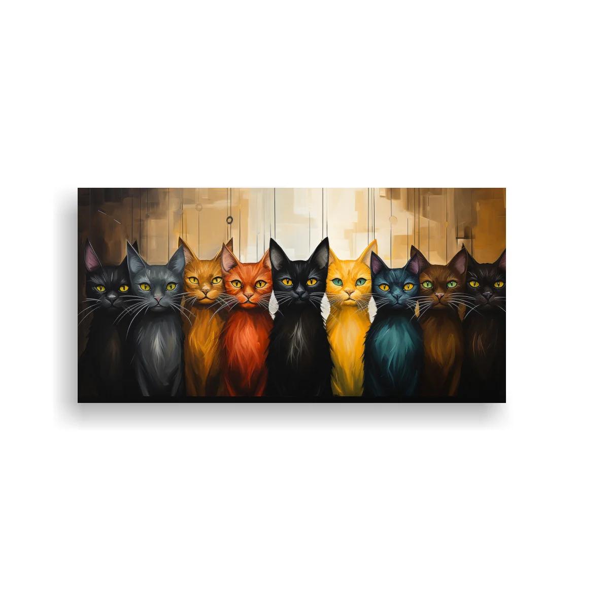 Cuadro grupo de gatos de frente en fila horizontal