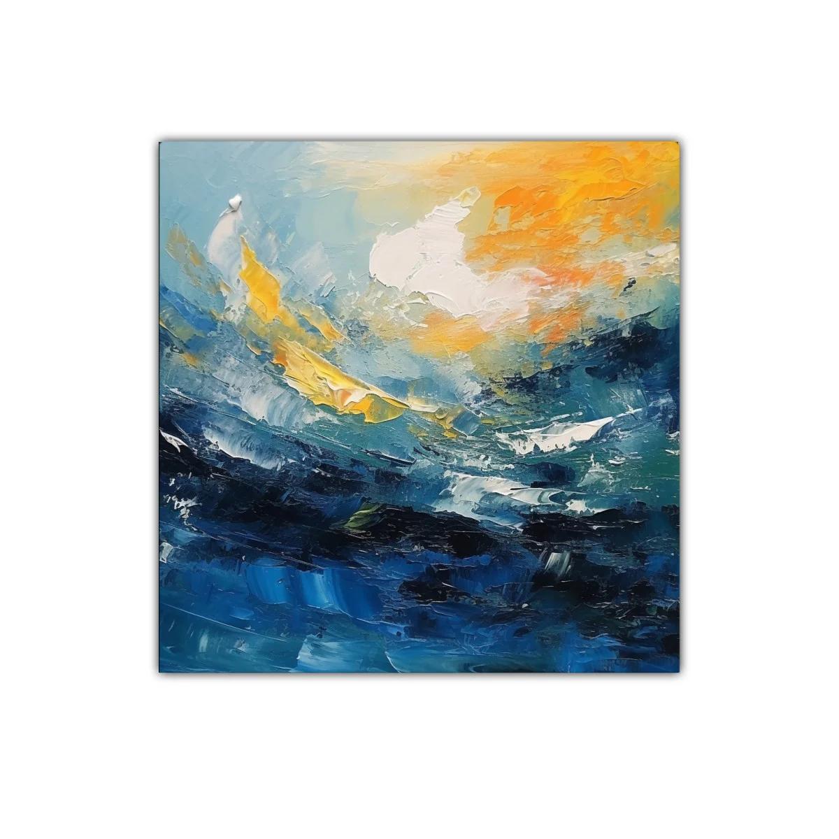 Cuadro abstracto con dinámicas olas y cielo en tonos cálidos — imagen principal