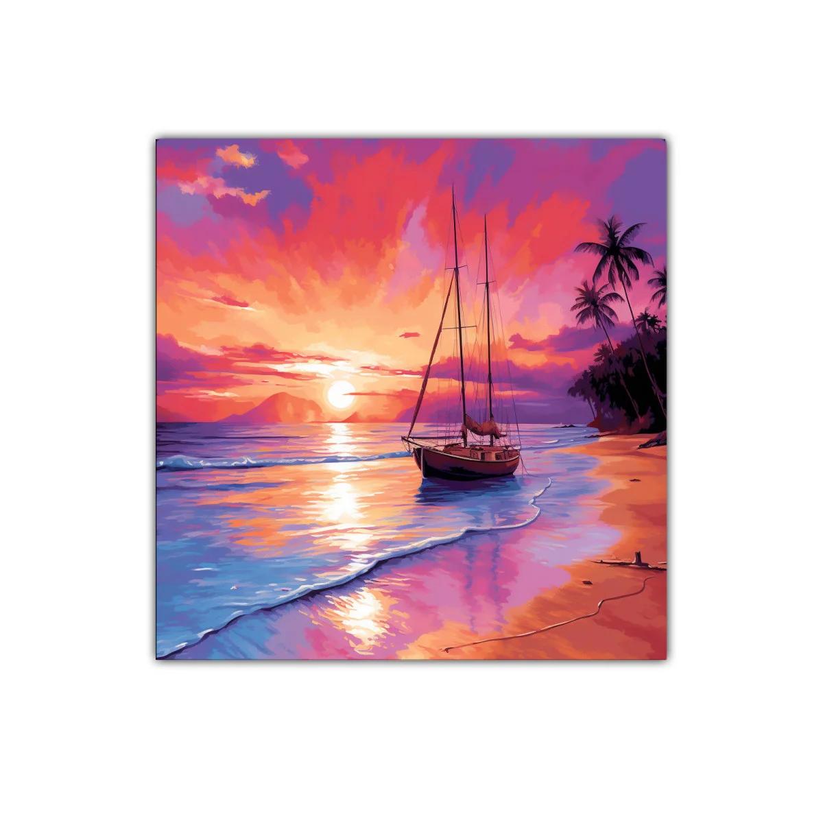 Atardecer vibrante con velero y palmeras en la playa — imagen principal