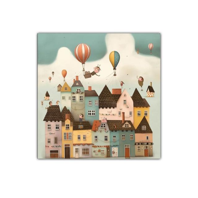 Pueblo encantado con globos aerostáticos en cielos pastel