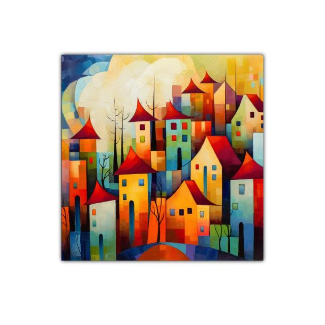 Pueblo de colores vivos con tejados rojos en paisaje onírico