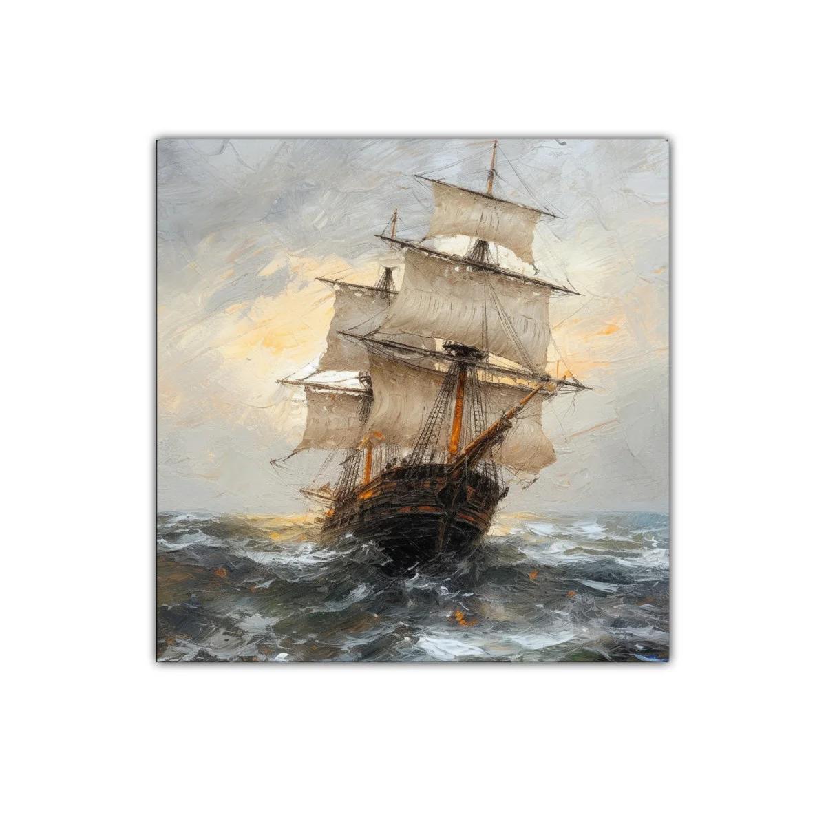 Barco clásico navegando en mar agitado al atardecer — imagen principal