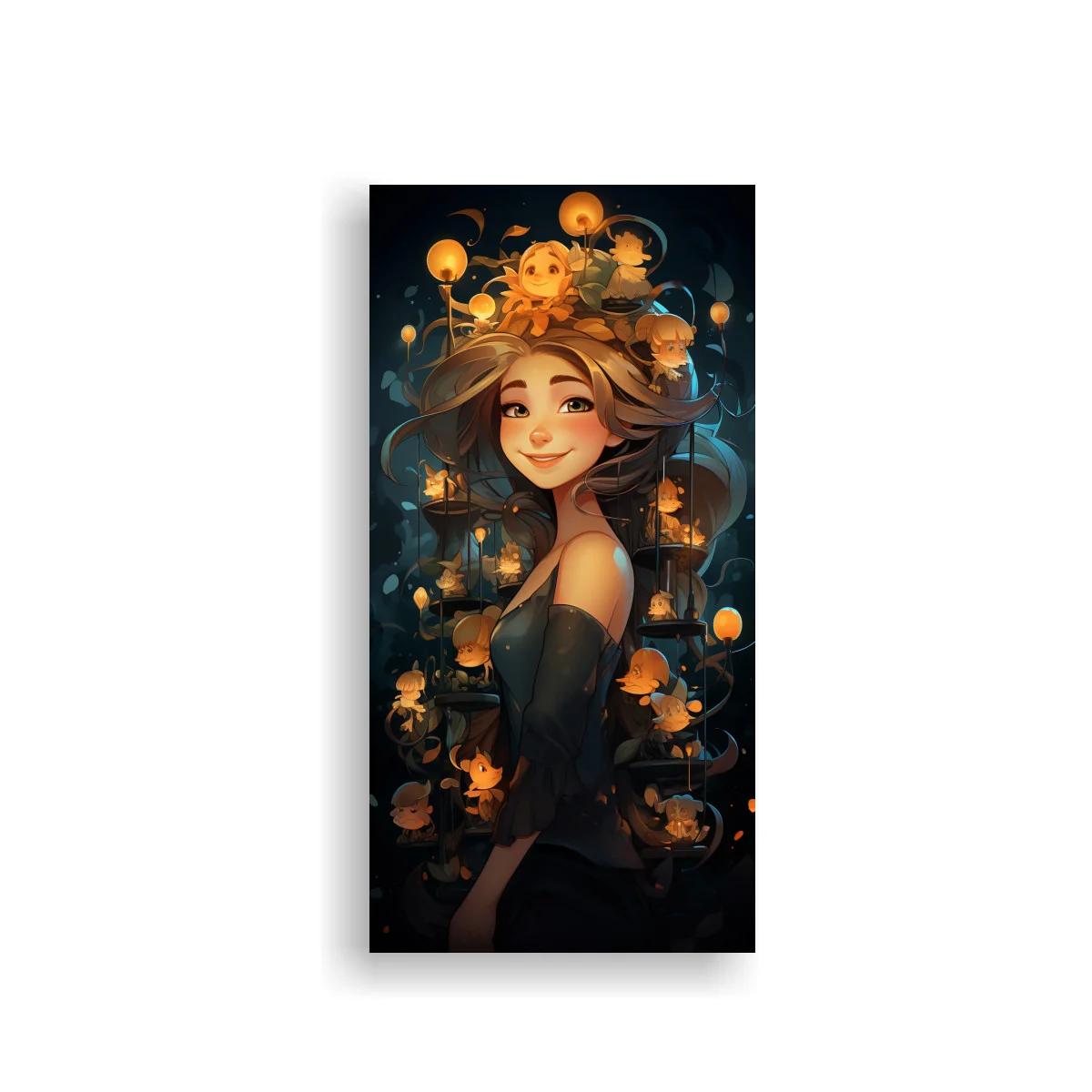 Cuadro mujer joven con flores y faroles cálidos — imagen principal