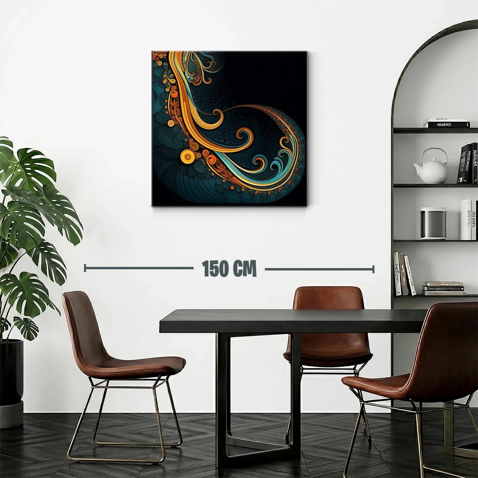 Cuadro abstracto con formas onduladas en tonos cálidos y azulados — miniatura 2