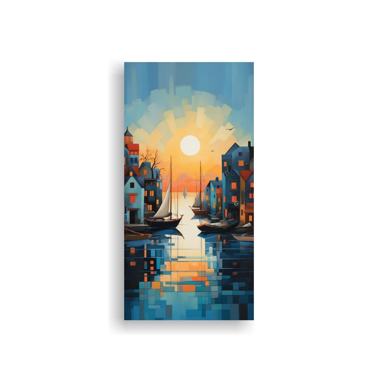 Cuadro canal al atardecer con dos veleros