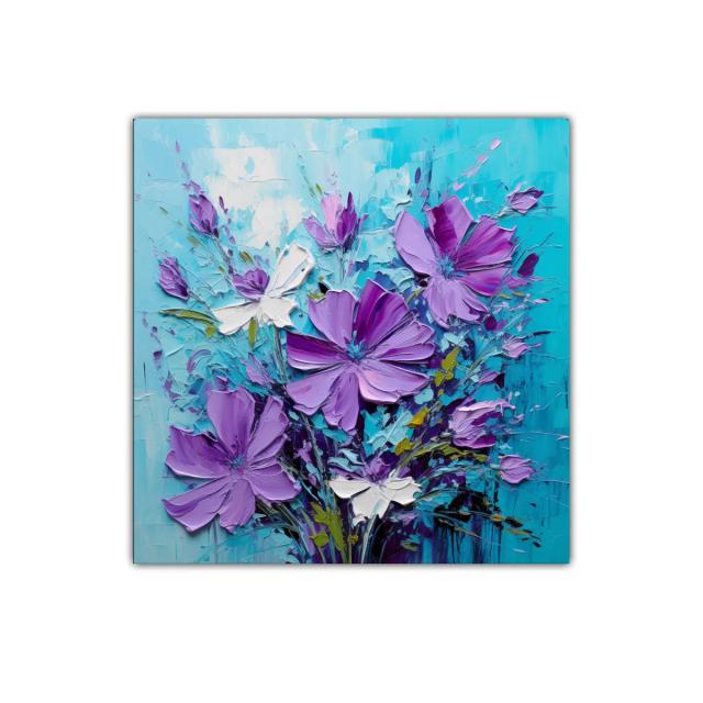 Cuadro floral con flores moradas y fondo turquesa vibrante