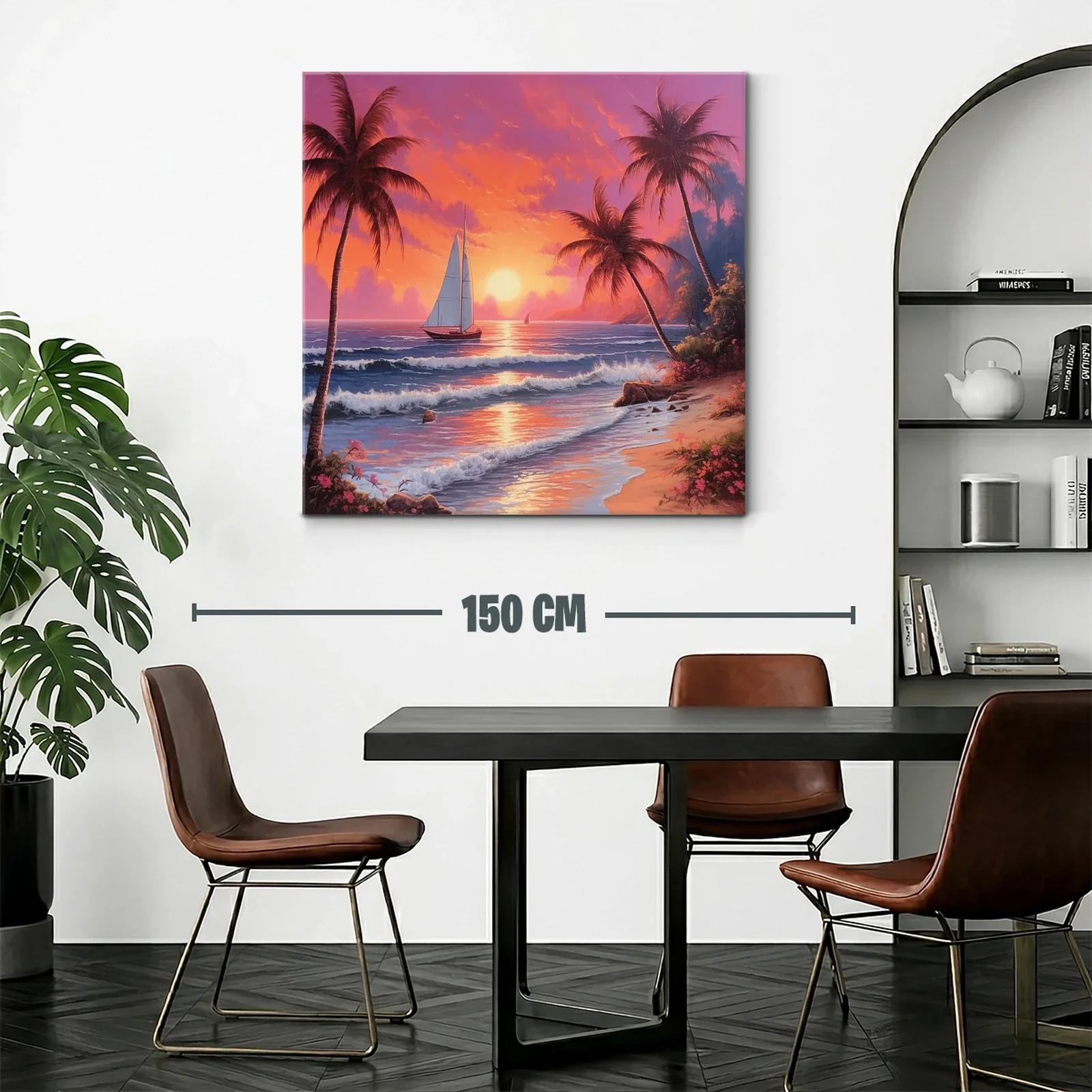 Atardecer tropical con velero y palmeras en la playa — miniatura 2