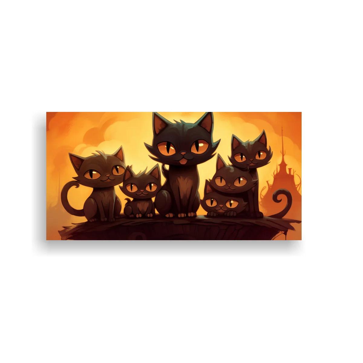 Cuadro de cinco gatos negros alineados con fondo urbano cálido