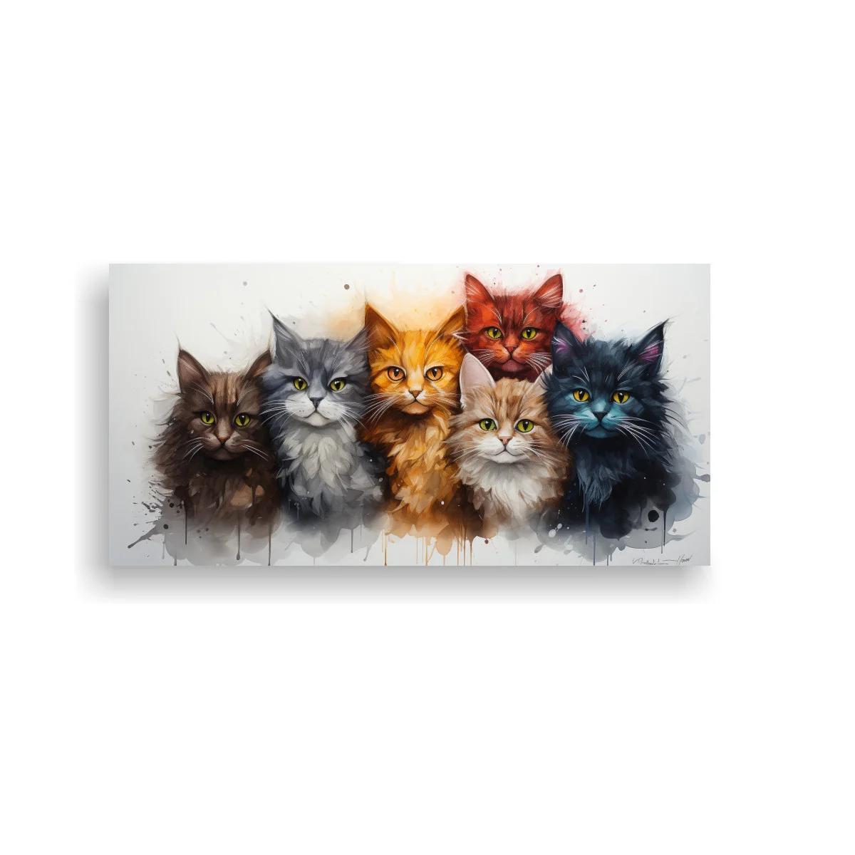 Cuadro cinco gatos de pelo largo con salpicaduras de pintura