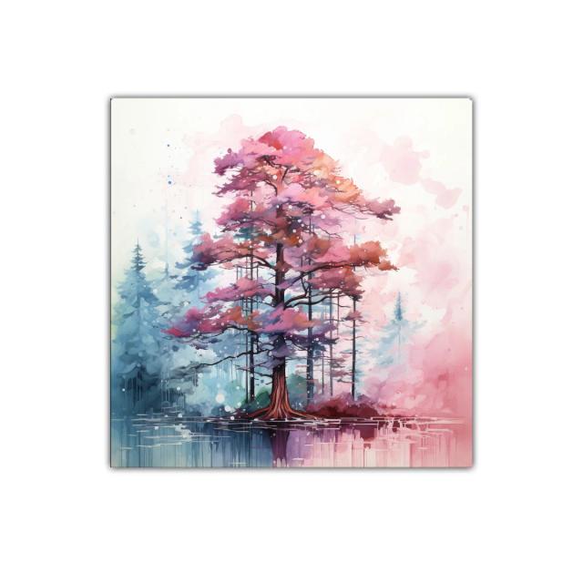 Árbol en tonos rosas y azules con reflejo en agua