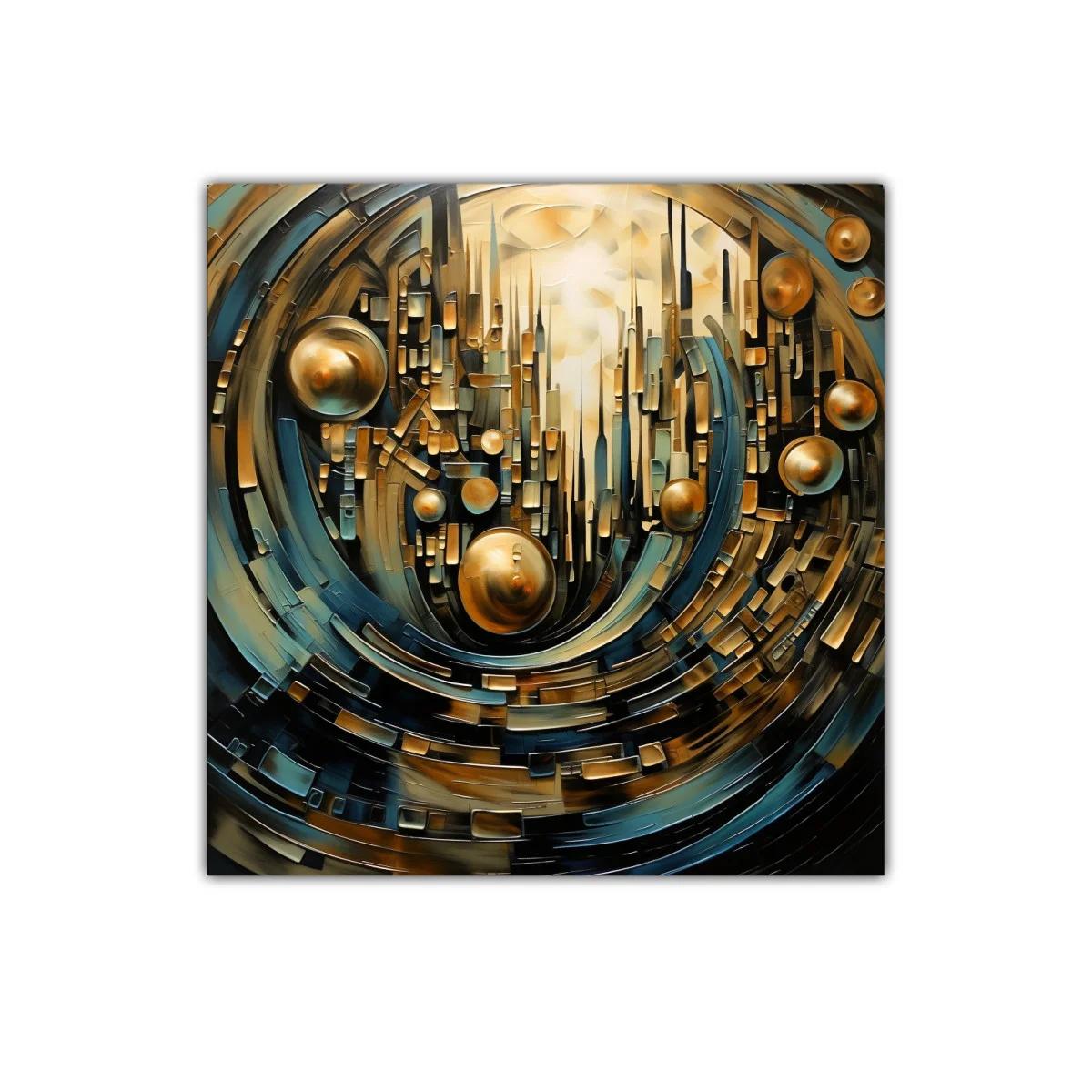 Cuadro abstracto con diseño circular y tonos dorados