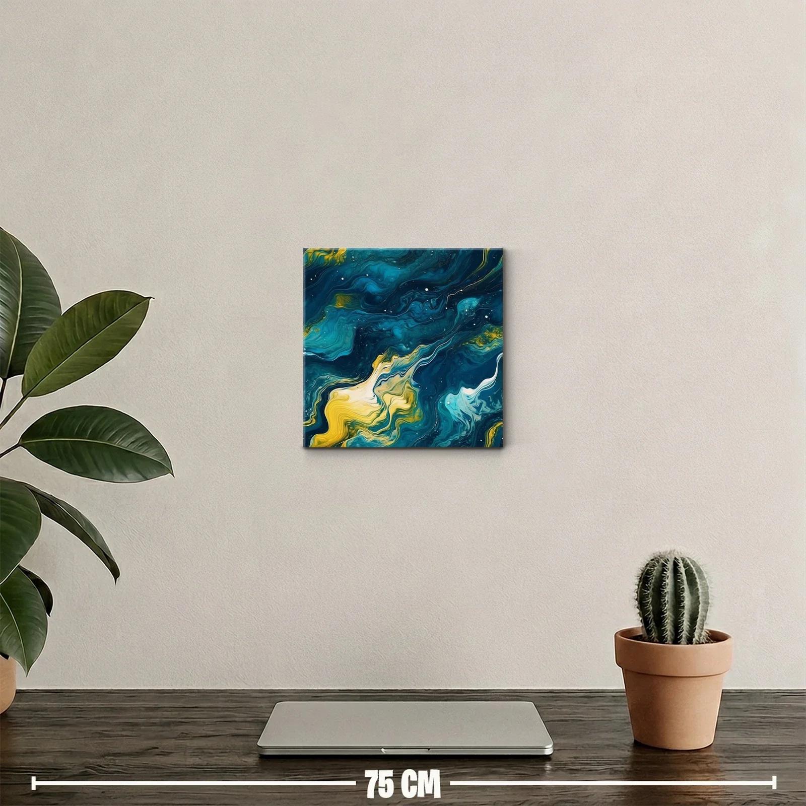 Cuadro abstracto de ondas fluidas en azul y amarillo — miniatura 2