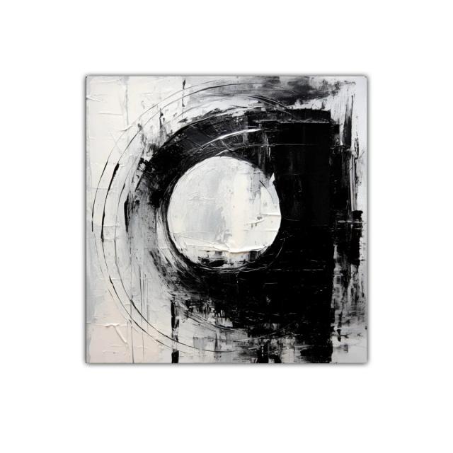Cuadro abstracto con formas circulares en tonos blanco y negro
