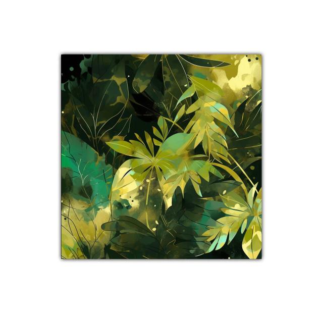 Cuadro decorativo con hojas verdes y doradas artísticas
