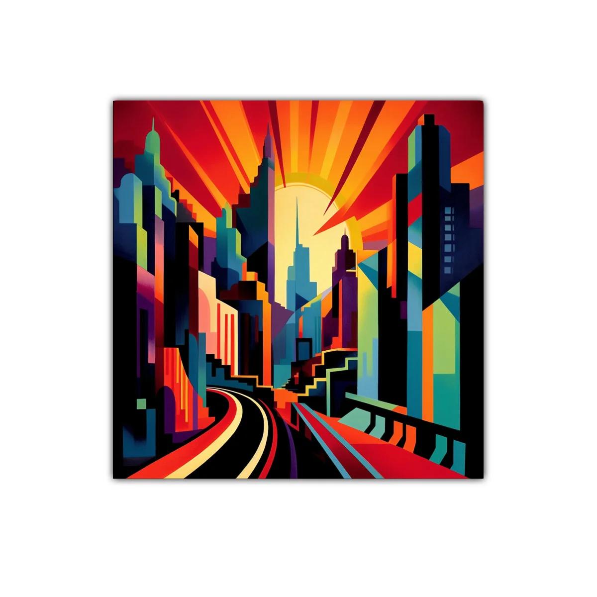 Vibrante paisaje urbano con amanecer geométrico y colorido — imagen principal