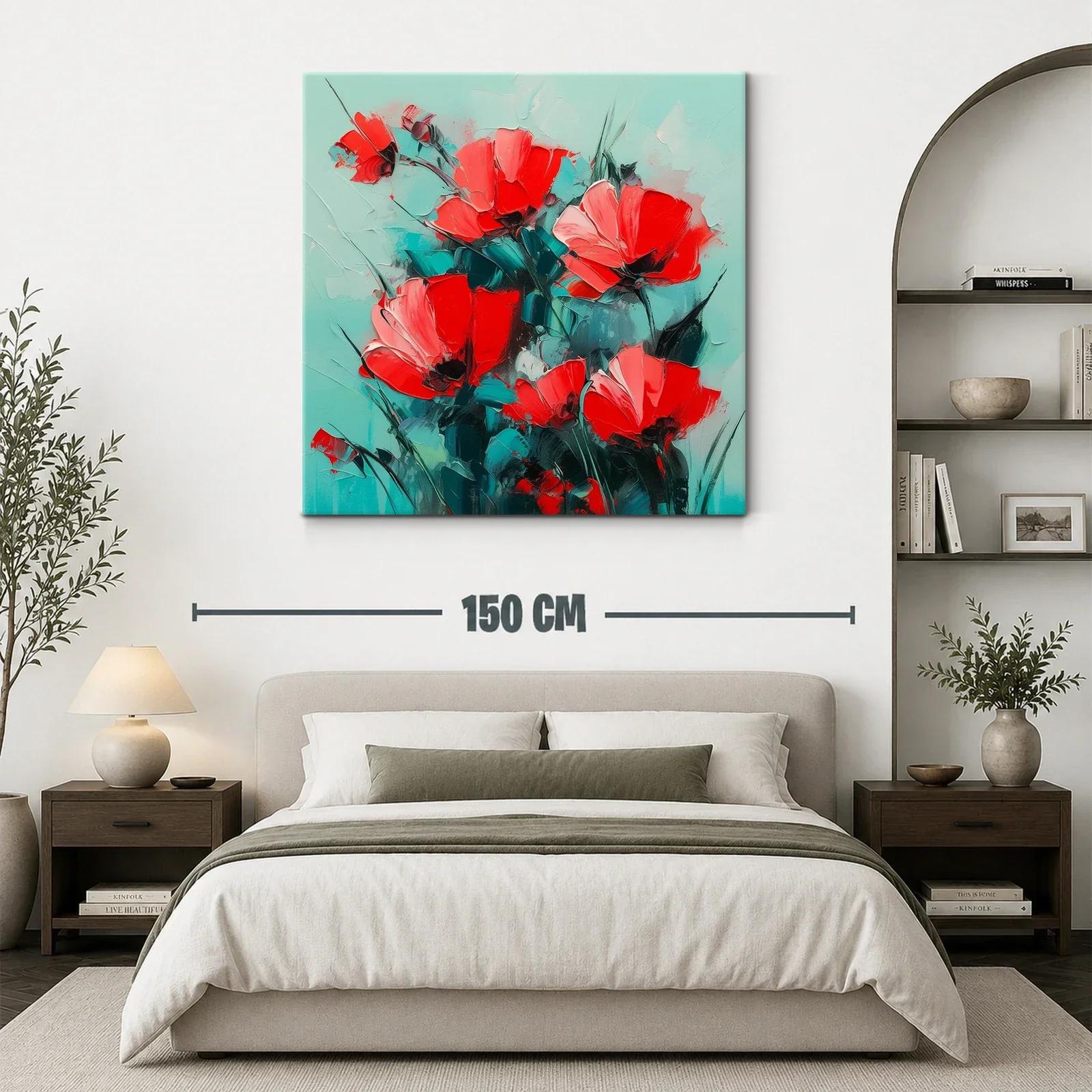 Cuadro floral con vibrantes amapolas rojas sobre fondo turquesa — miniatura 3