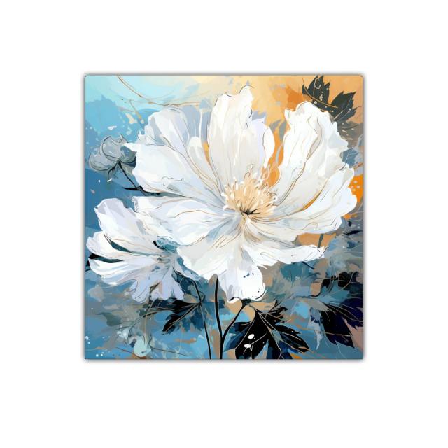 Cuadro decorativo con flores blancas sobre fondo azul y ocre