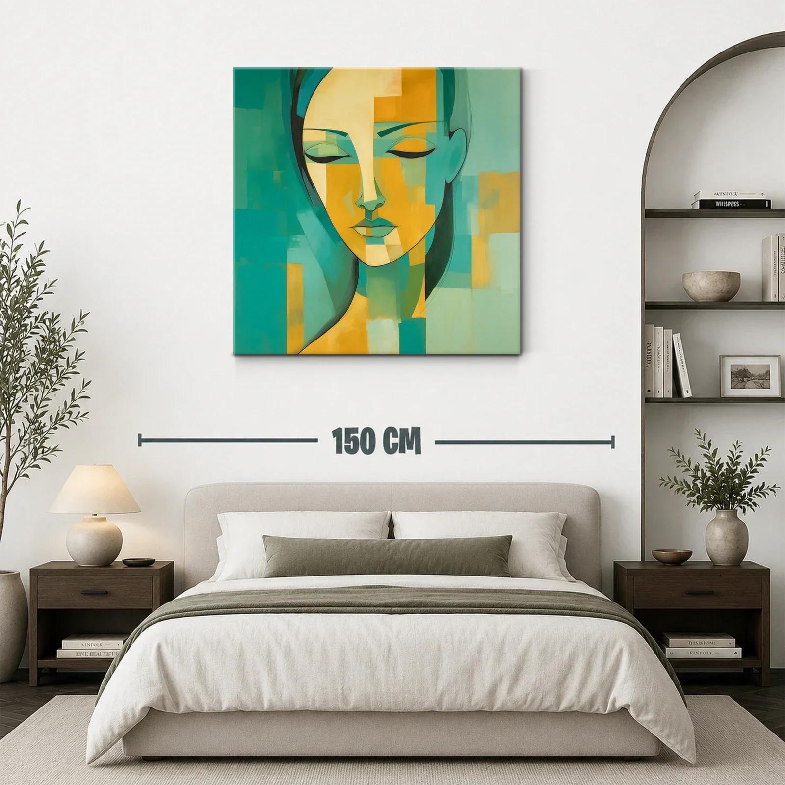 Cuadro abstracto rostro femenino en tonos verdes y amarillos — miniatura 3