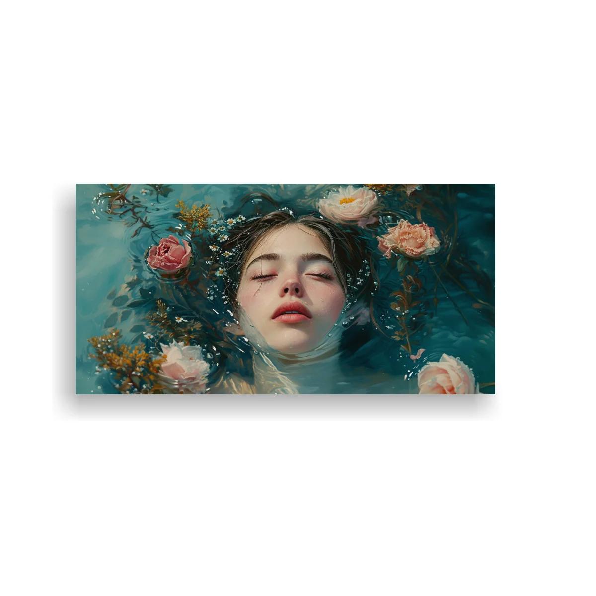 Cuadro mujer joven flotando entre rosas y agua azul verdosa