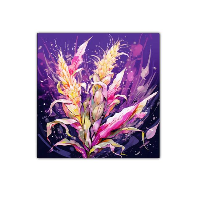 Cuadro decorativo con flores en tonos vibrantes y fondo púrpura