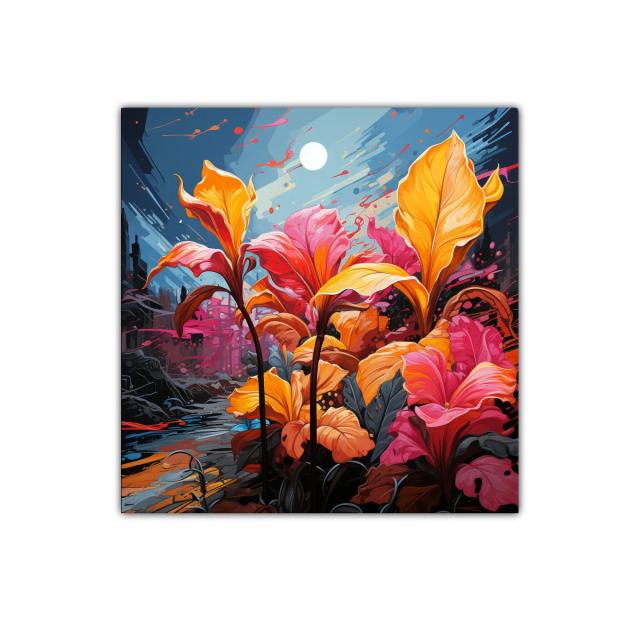Flores vibrantes en escena nocturna de colores intensos