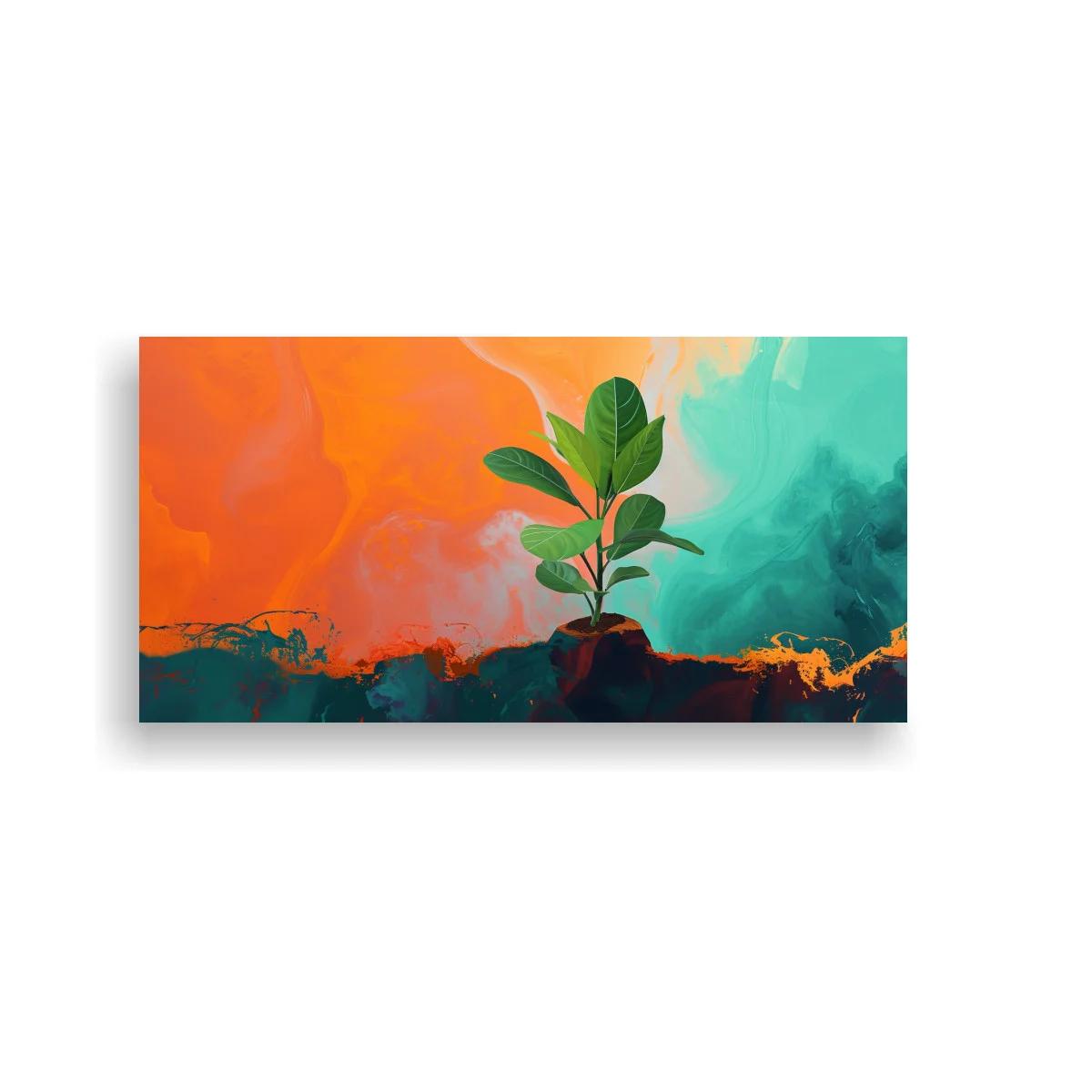 Cuadro planta de interior con fondo coral y turquesa — imagen principal