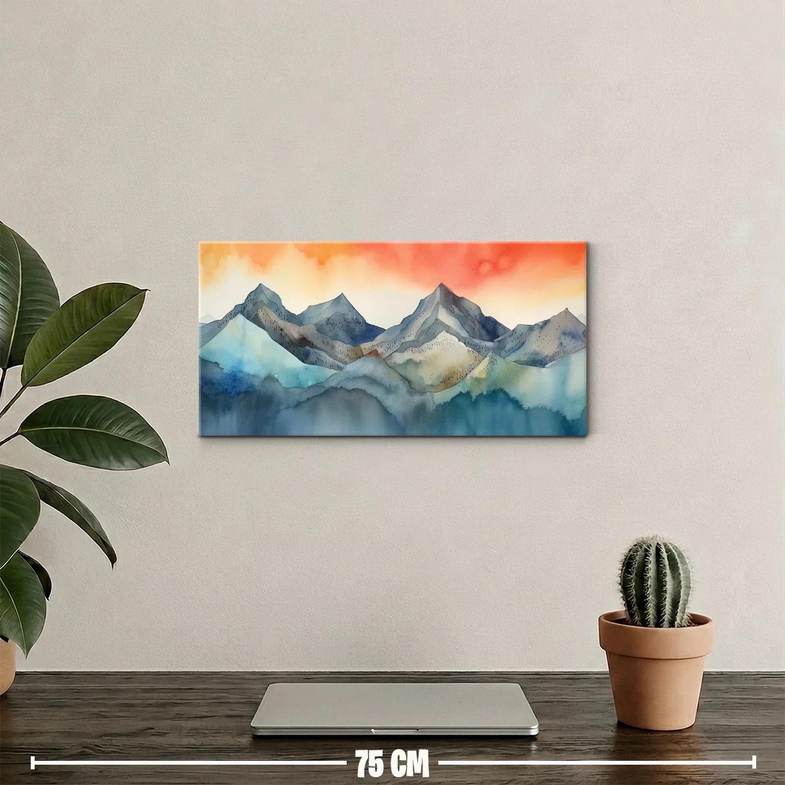 Cuadro cordillera de montañas en tonos azules y cielo anaranjado — miniatura 2