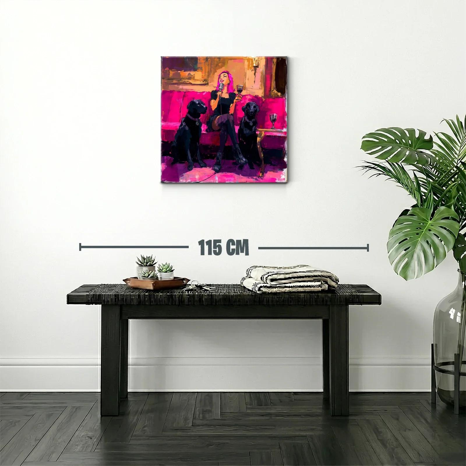 Divertida escena nocturna con mujer y perros en tonos fucsia — miniatura 2