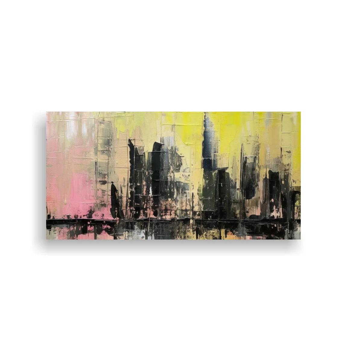 Cuadro skyline urbano con manchas rosa y amarillo