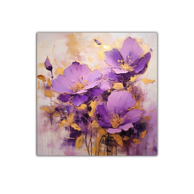 Cuadro decorativo de flores moradas con detalles dorados