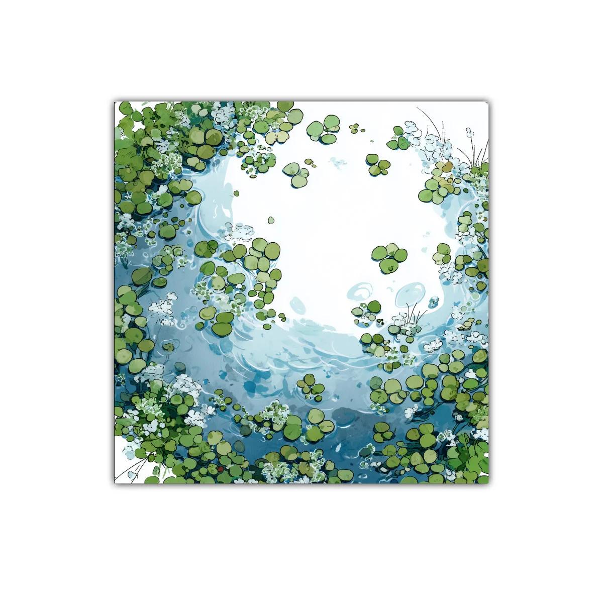 Cuadro decorativo de charca con plantas verdes y agua azul
