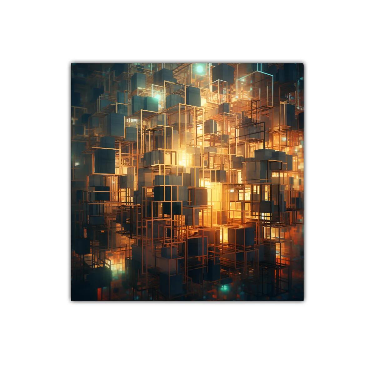 Composición geométrica con luces doradas y estructuras cúbicas