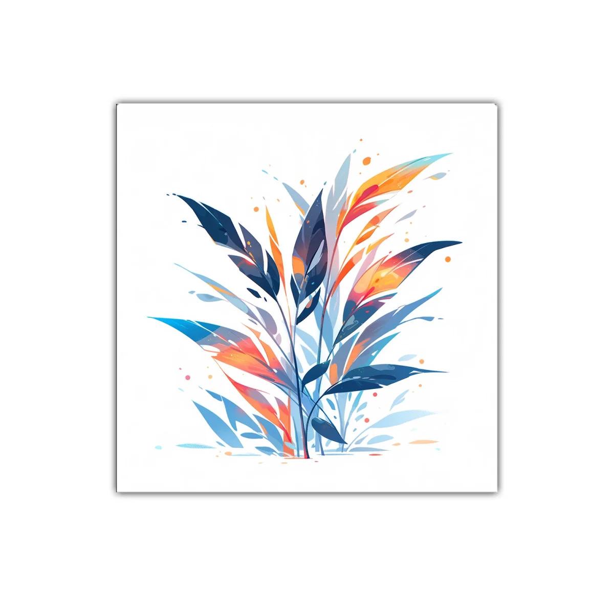 Cuadro decorativo de hojas en tonos azul y naranja vibrante — imagen principal