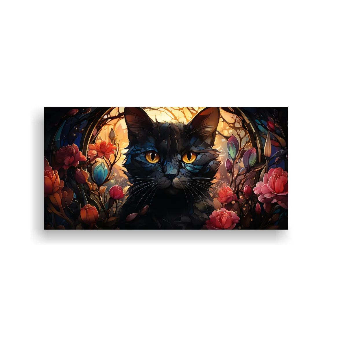 Cuadro gato negro de ojos ámbar entre flores y ramas