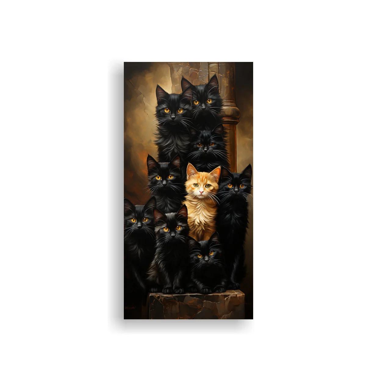 Cuadro grupo de gatos negros sobre sillón de madera