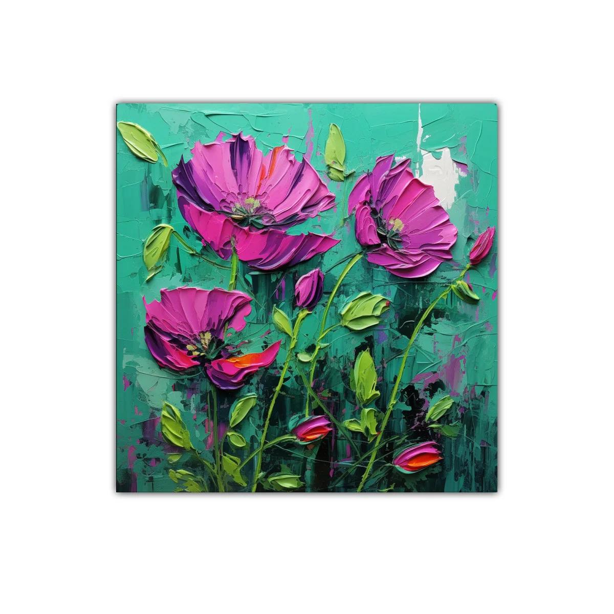 Cuadro con flores fucsias vibrantes sobre fondo verde