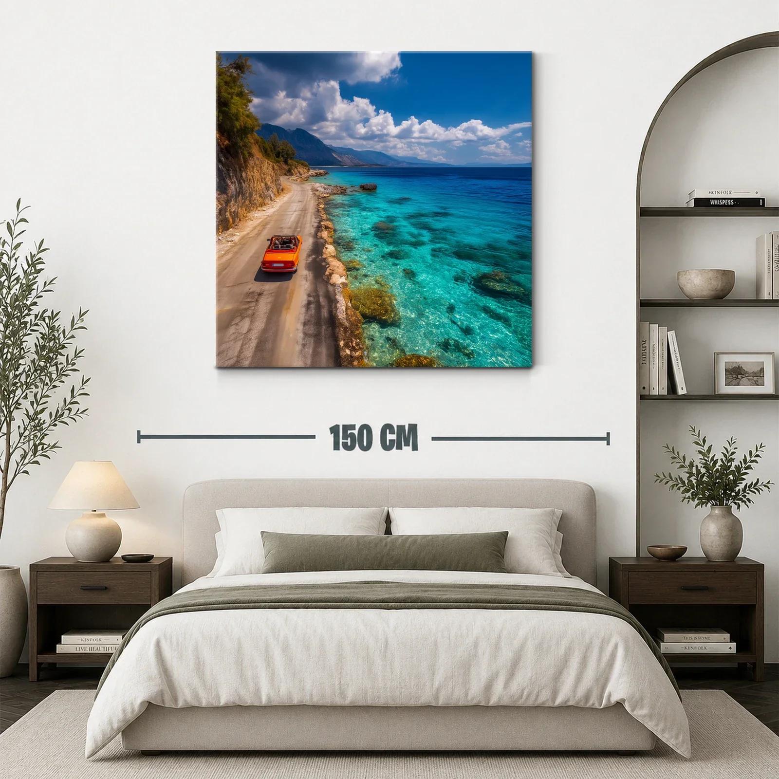 Paisaje costero con coche rojo y mar turquesa brillante — miniatura 3