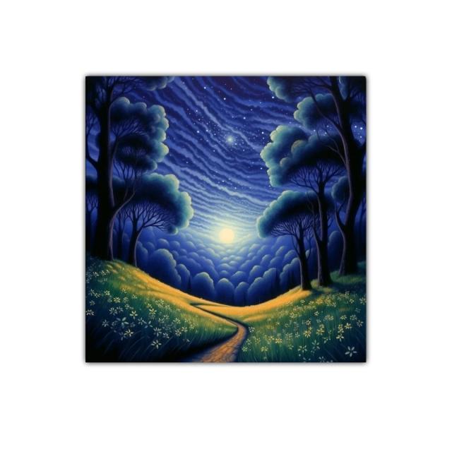 Paisaje nocturno con sendero y cielo estrellado