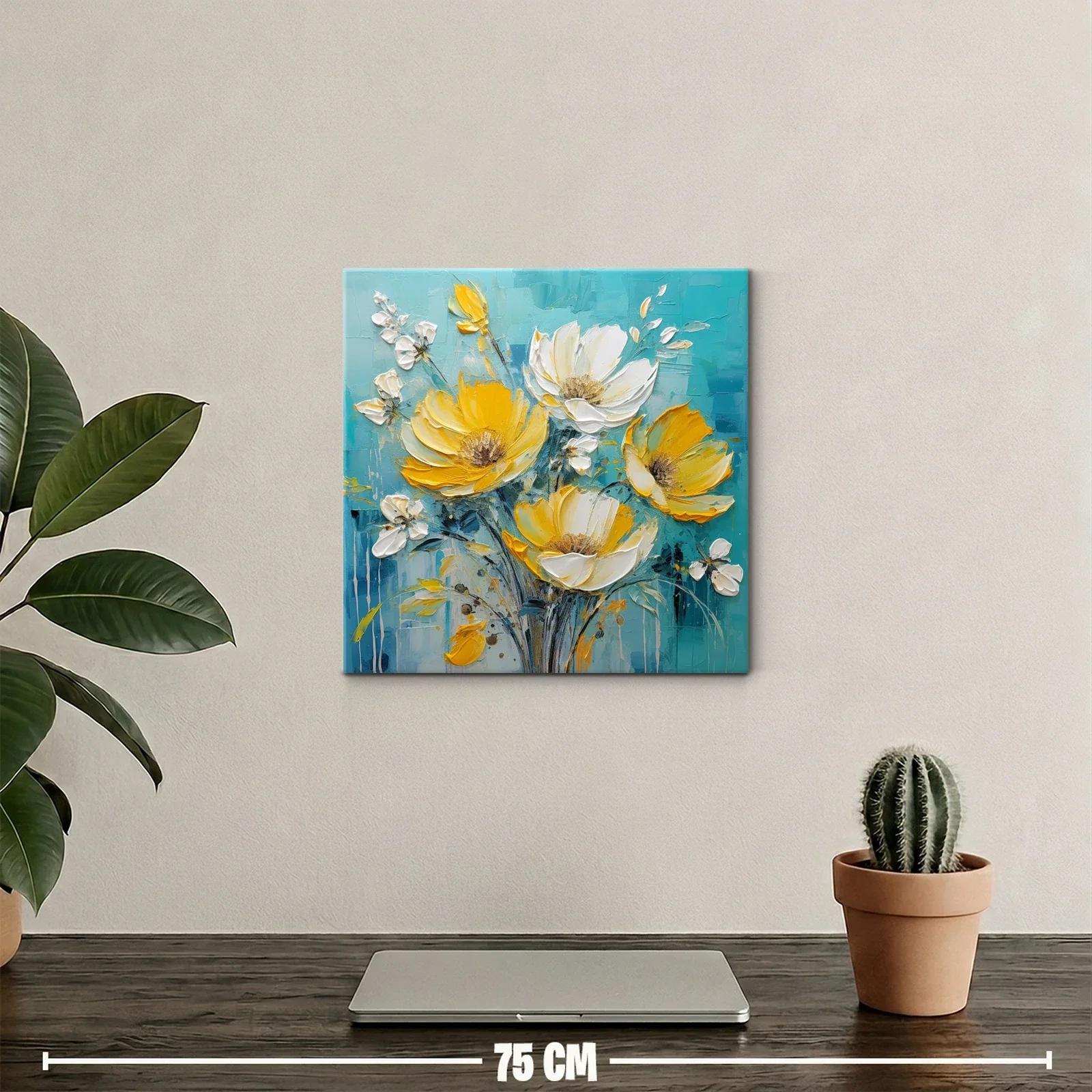 Ramo vibrante de flores amarillas y blancas sobre fondo azul — miniatura 2