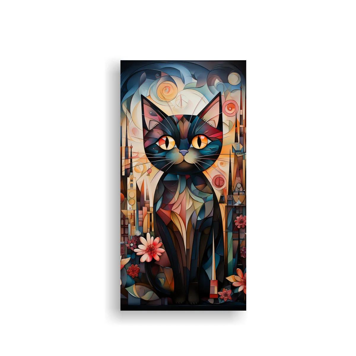 Cuadro gato negro de ojos grandes con luna y ciudad fantástica