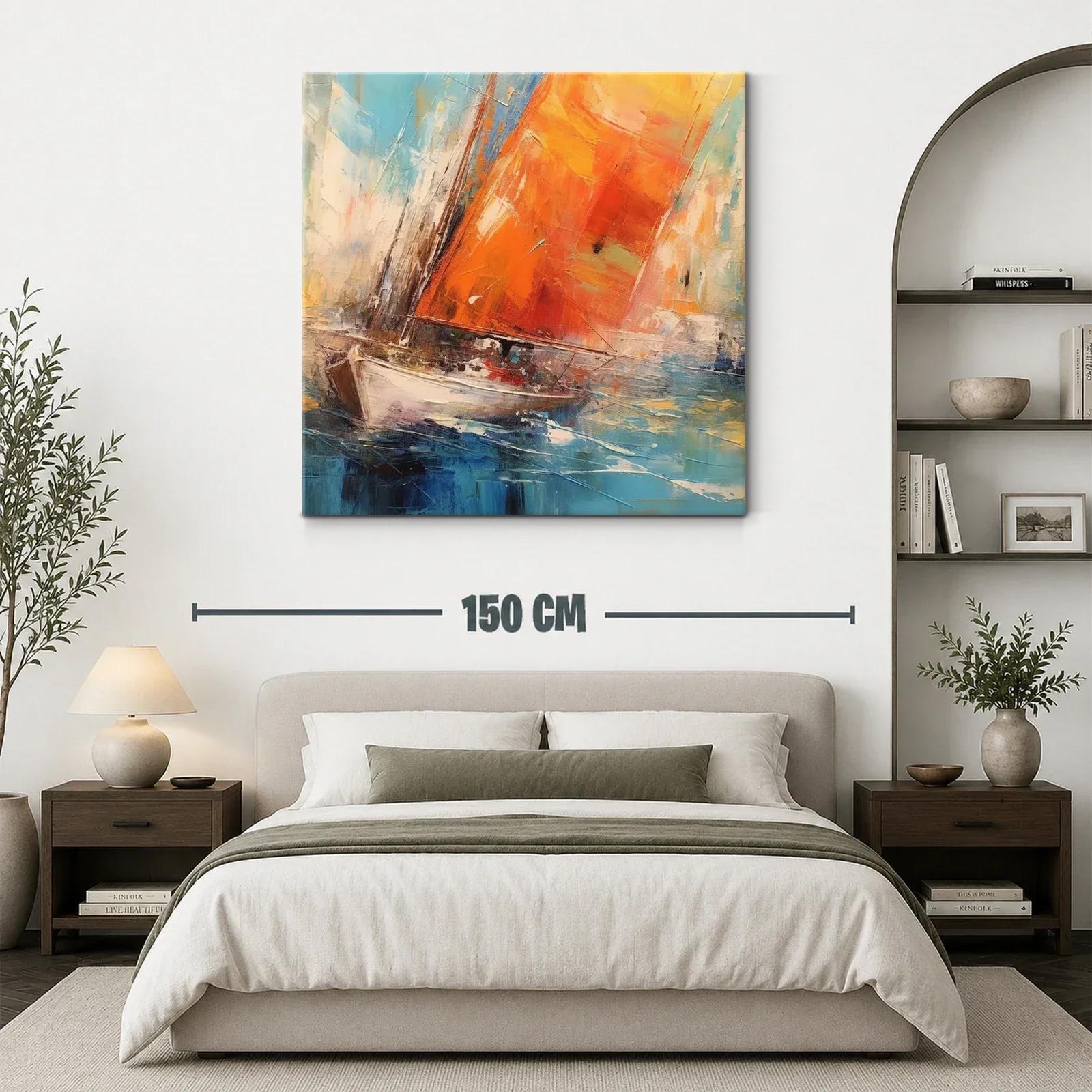 Cuadro barco con velas naranjas surcando el mar azul — miniatura 3