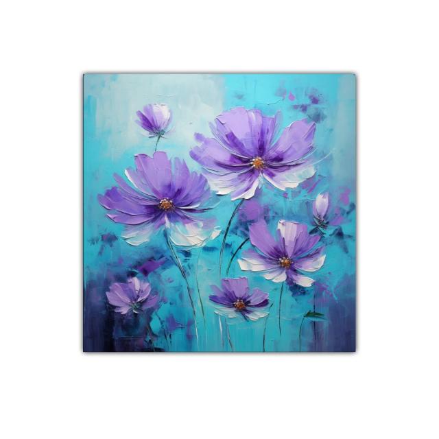 Cuadro decorativo con flores lilas y fondo turquesa