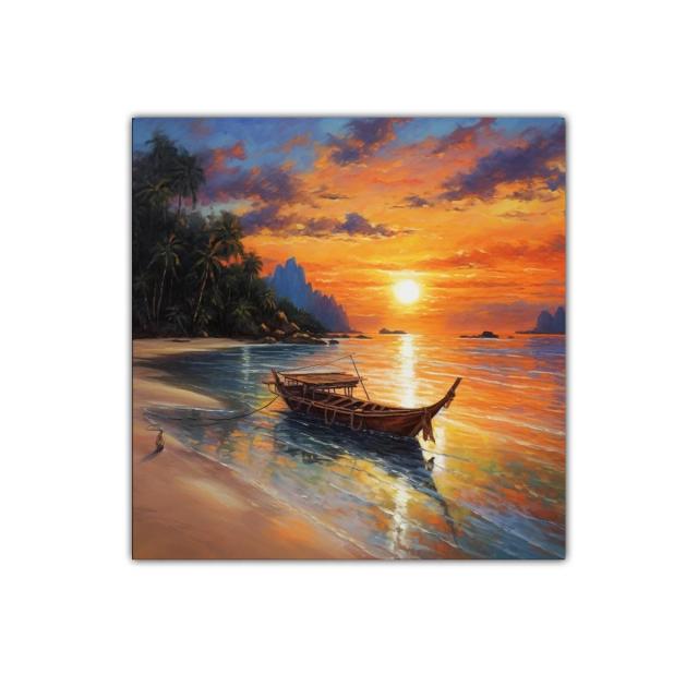 Atardecer sereno con barco en playa tropical