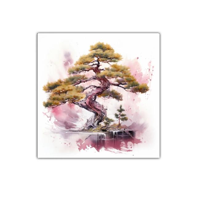 Árbol bonsái con tonalidades cálidas y fondo acuarelado rosa