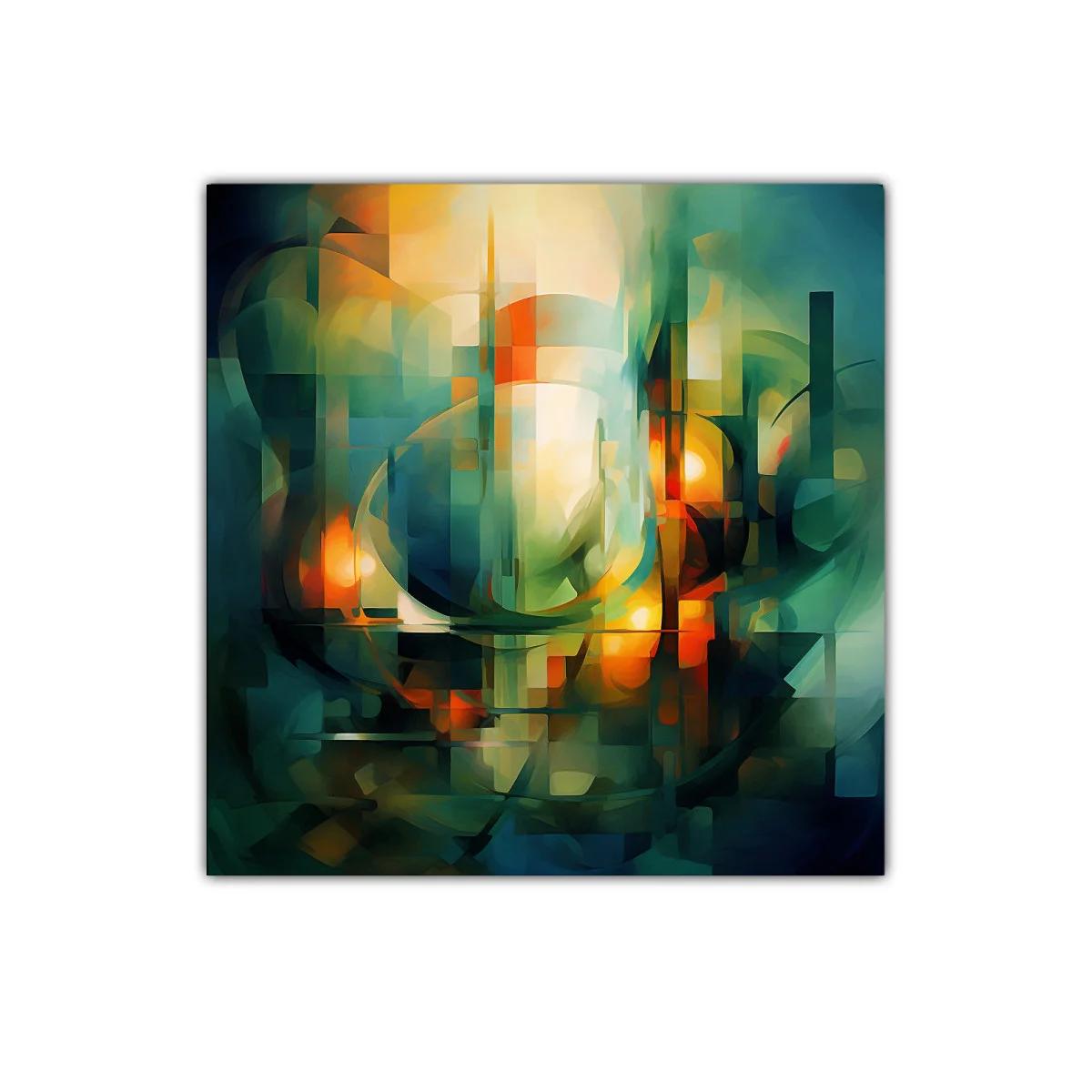 Composición abstracta con tonos cálidos y verdes vibrantes — imagen principal