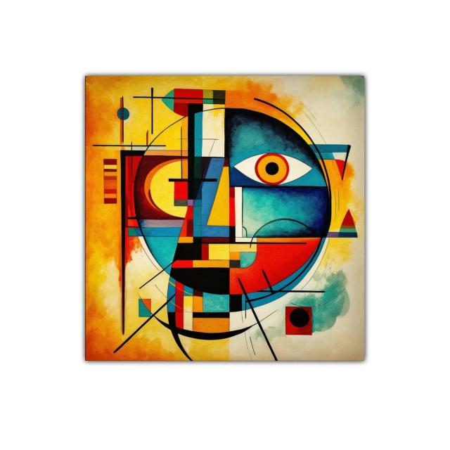 Cuadro abstracto colorido con formas geométricas y rostro estilizado