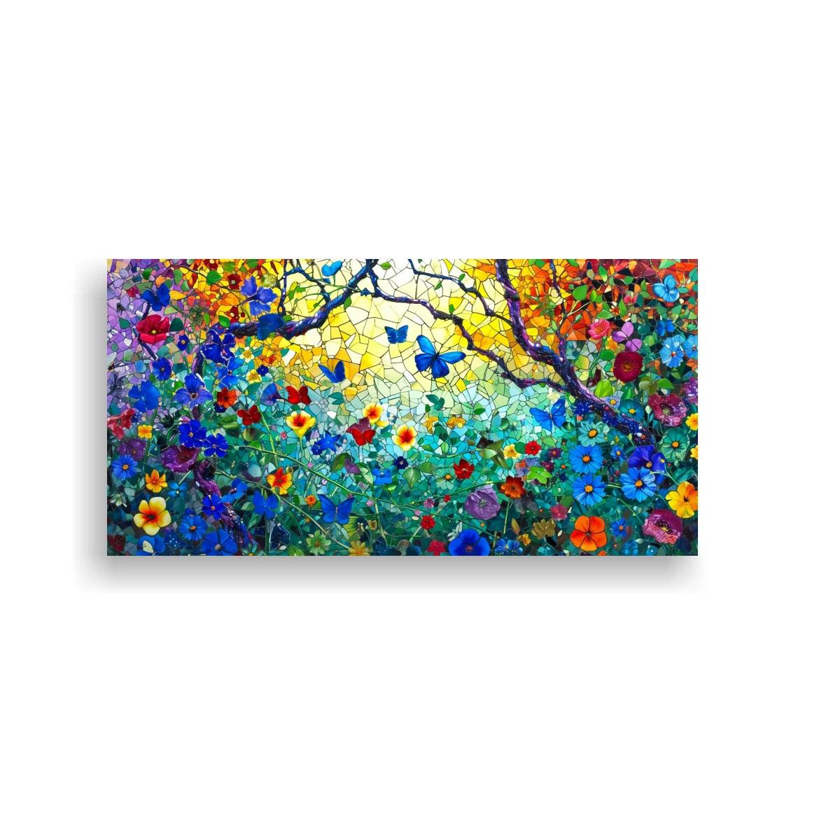 Cuadro jardín floral con mariposas y brillo tipo vidriera — imagen principal