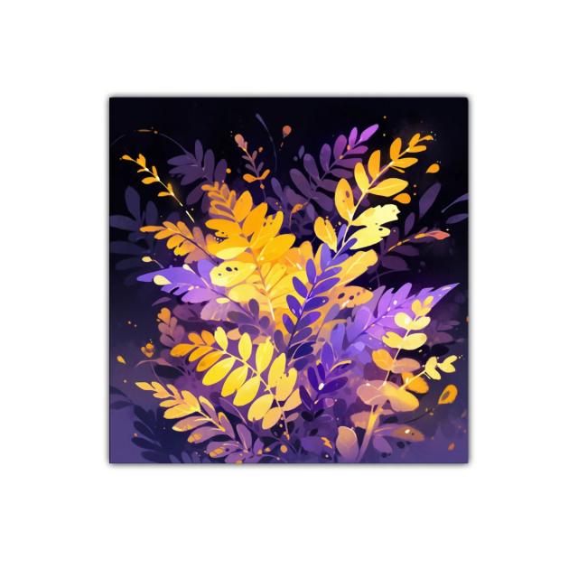 Cuadro decorativo de hojas vibrantes en tonos amarillos y púrpuras